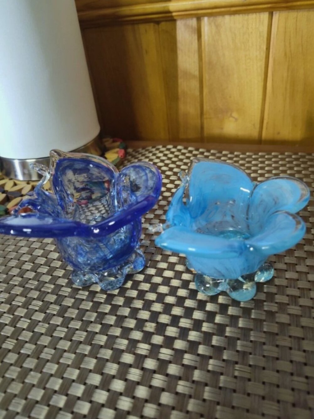 Lot of 2 Hand Blown Art Glass Small Dish Green and Blue
